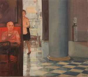 Edith Oellers Durchblick in die Kueche, Oel auf Lw, 2022, 35x40
